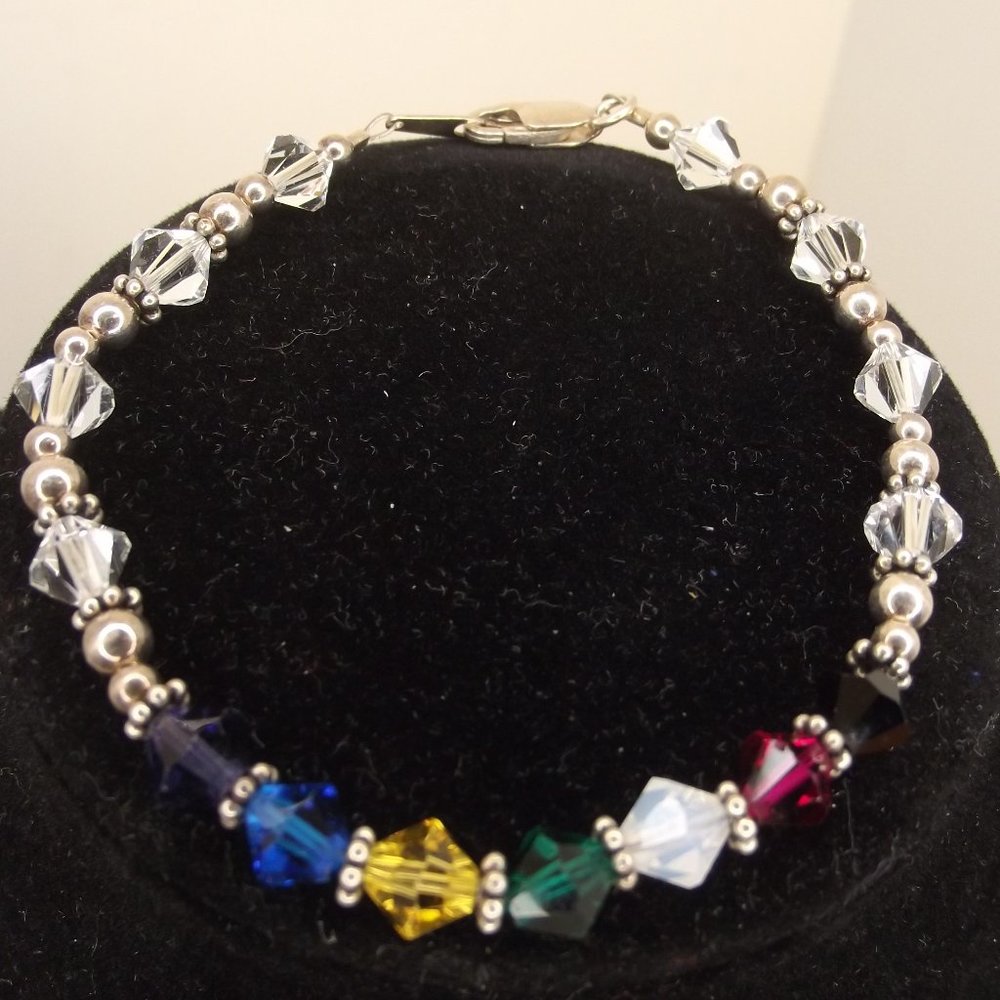 Sterling Silver Bead & Crystal Rainbow Colors Bracelet